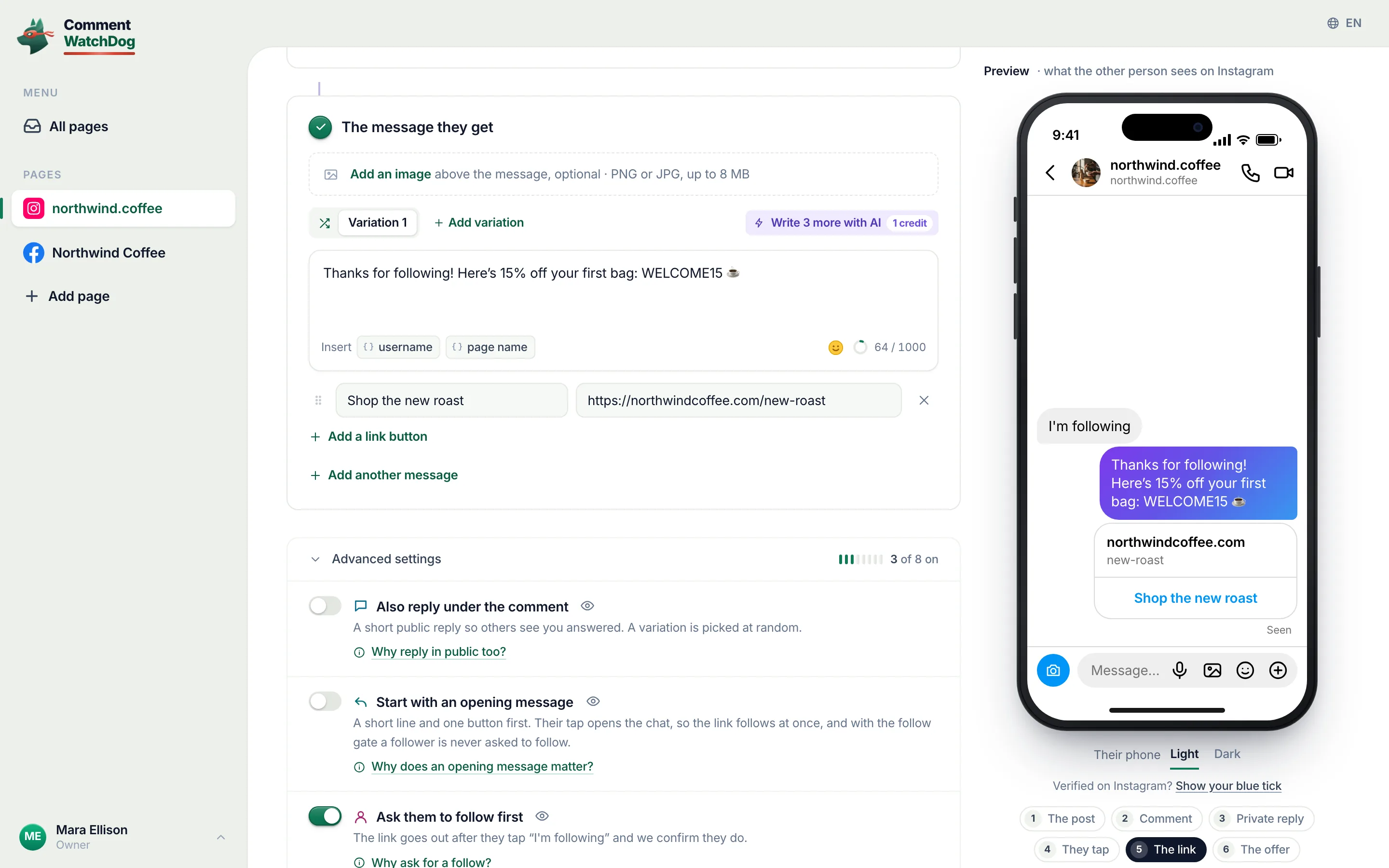 The comment to DM editor: the message and its link button, with a live preview of the Instagram DM.